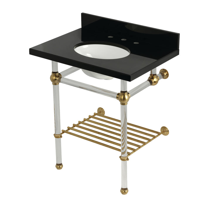 Kingston Tulare KVPK30KAB7 - Templeton 30-Inch Black Granite Console Sink with Acrylic Legs and Shelf (8-Inch, 3-Hole), Black Granite/Brushed Brass