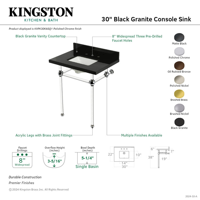 Kingston Tulare KVPK30KASQ5 - Templeton 30-Inch Black Granite Console Sink with Acrylic Legs (8-Inch, 3-Hole), Black Granite/Oil Rubbed Bronze