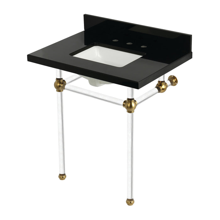 Kingston Tulare KVPK30KASQ7 - Templeton 30-Inch Black Granite Console Sink with Acrylic Legs (8-Inch, 3-Hole), Black Granite/Brushed Brass