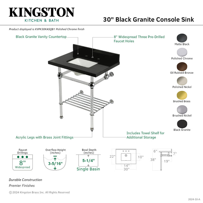 Kingston Tulare KVPK30KASQB5 - Templeton 30-Inch Black Granite Console Sink with Acrylic Legs and Shelf (8-Inch, 3-Hole), Black Granite/Oil Rubbed Bronze