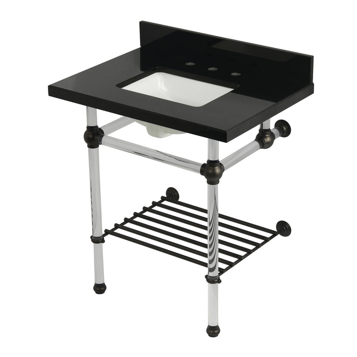 Kingston Tulare KVPK30KASQB5 - Templeton 30-Inch Black Granite Console Sink with Acrylic Legs and Shelf (8-Inch, 3-Hole), Black Granite/Oil Rubbed Bronze