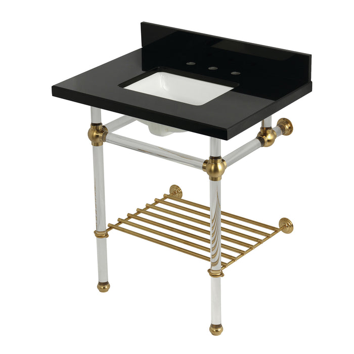 Kingston Tulare KVPK30KASQB7 - Templeton 30-Inch Black Granite Console Sink with Acrylic Legs and Shelf (8-Inch, 3-Hole), Black Granite/Brushed Brass