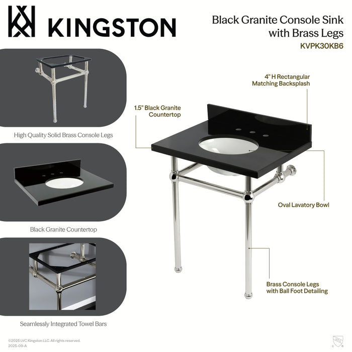 Kingston Heirloom KVPK30KB8 - Templeton 30-Inch Black Granite Console Sink with Brass Legs (8-Inch, 3-Hole), Black Granite/Brushed Nickel