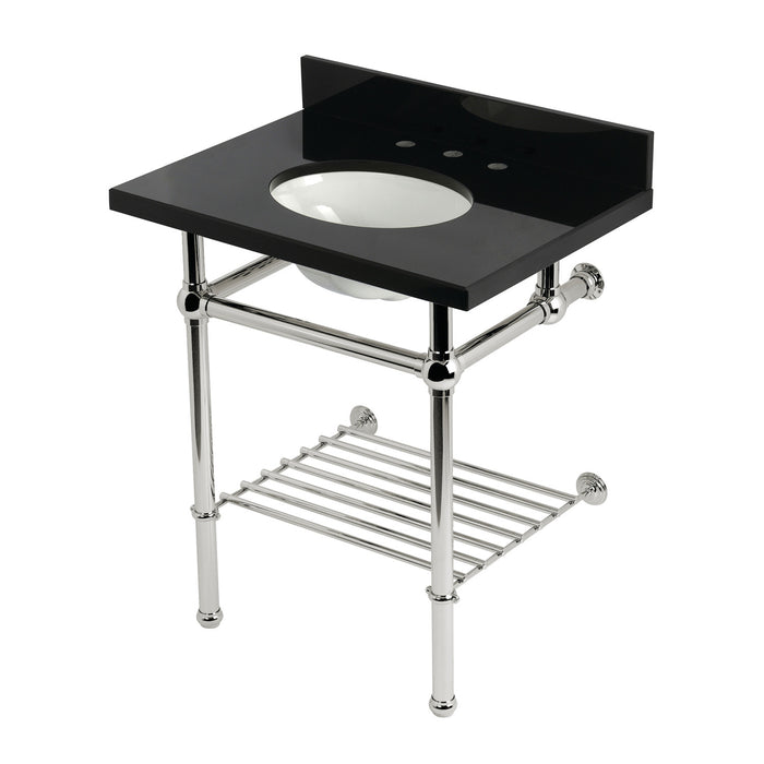 Kingston Heirloom KVPK30KBB6 - Templeton 30-Inch Black Granite Console Sink with Brass Legs and Shelf (8-Inch, 3-Hole), Black Granite/Polished Nickel