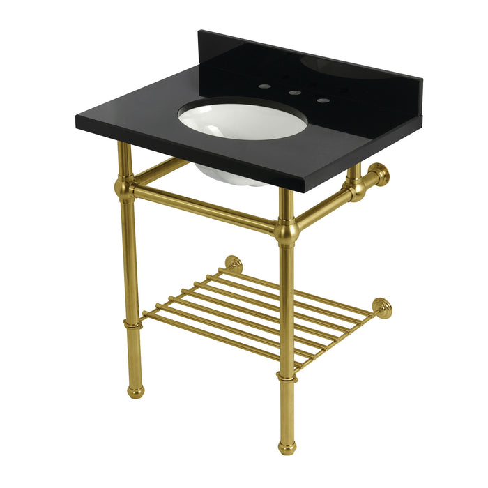 Kingston Heirloom KVPK30KBB7 - Templeton 30-Inch Black Granite Console Sink with Brass Legs and Shelf (8-Inch, 3-Hole), Black Granite/Brushed Brass