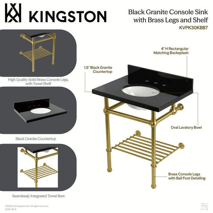 Kingston Heirloom KVPK30KBB8 - Templeton 30-Inch Black Granite Console Sink with Brass Legs and Shelf (8-Inch, 3-Hole), Black Granite/Brushed Nickel