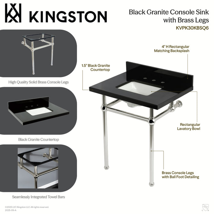 Kingston Heirloom KVPK30KBSQ0 - Templeton 30-Inch Black Granite Console Sink with Brass Legs (8-Inch, 3-Hole), Black Granite/Matte Black