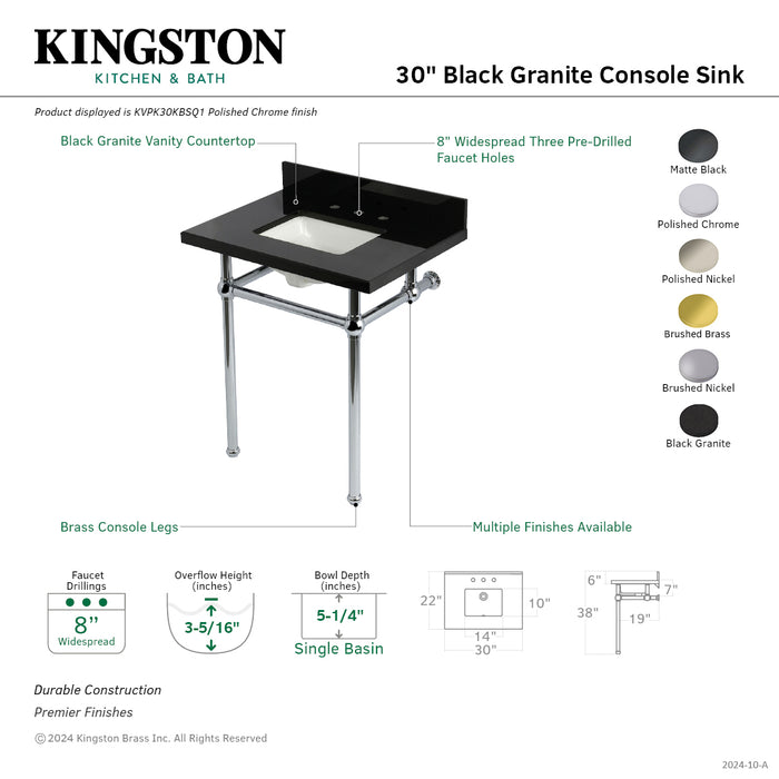 Kingston Heirloom KVPK30KBSQ7 - Templeton 30-Inch Black Granite Console Sink with Brass Legs (8-Inch, 3-Hole), Black Granite/Brushed Brass
