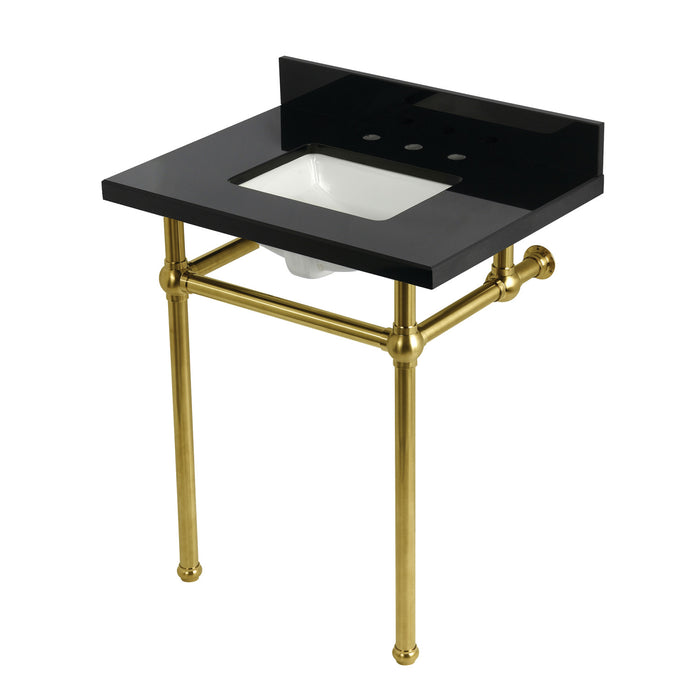 Kingston Heirloom KVPK30KBSQ7 - Templeton 30-Inch Black Granite Console Sink with Brass Legs (8-Inch, 3-Hole), Black Granite/Brushed Brass