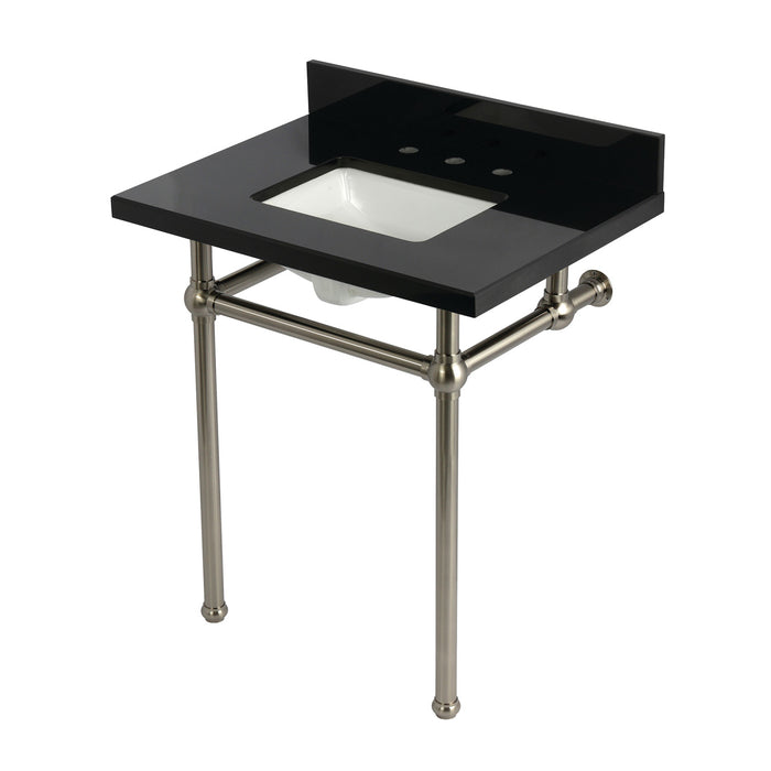 Kingston Heirloom KVPK30KBSQ8 - Templeton 30-Inch Black Granite Console Sink with Brass Legs (8-Inch, 3-Hole), Black Granite/Brushed Nickel