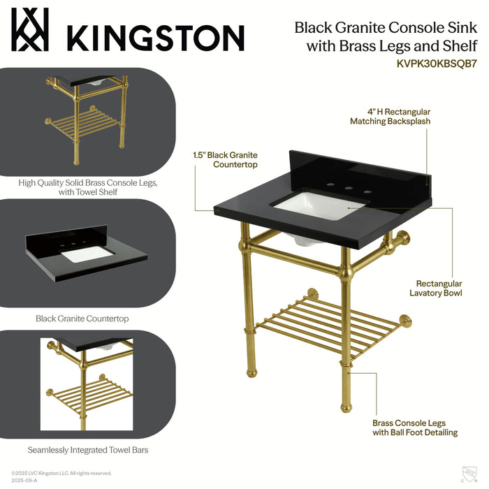 Kingston Heirloom KVPK30KBSQB1 - Templeton 30-Inch Black Granite Console Sink with Brass Legs and Shelf (8-Inch, 3-Hole), Black Granite/Polished Chrome
