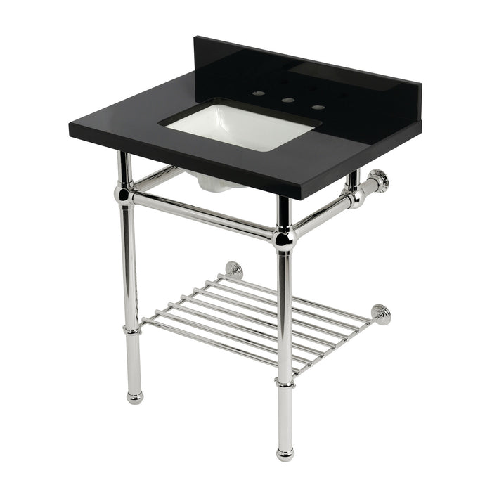 Kingston Heirloom KVPK30KBSQB6 - Templeton 30-Inch Black Granite Console Sink with Brass Legs and Shelf (8-Inch, 3-Hole), Black Granite/Polished Nickel