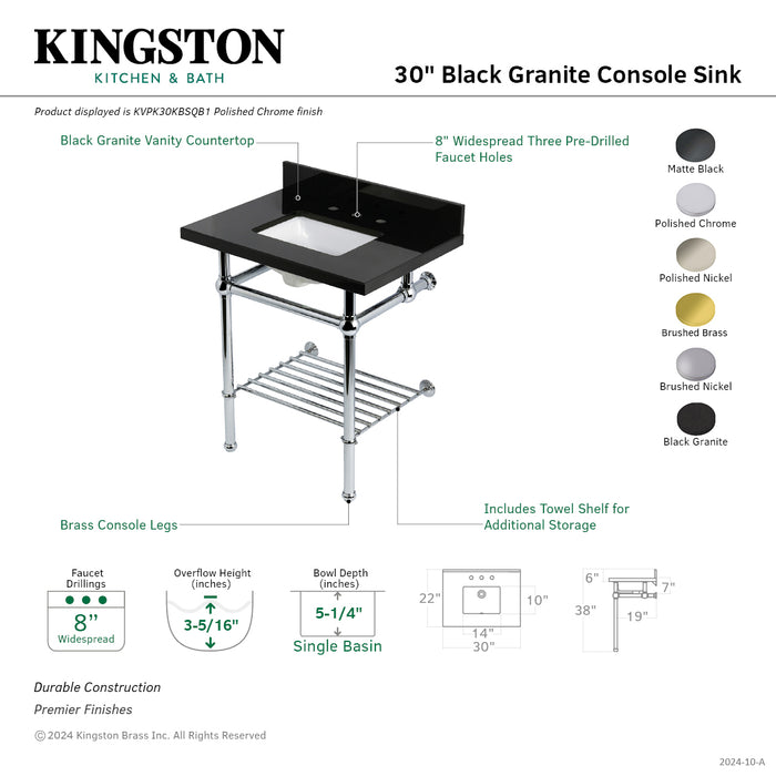 Kingston Heirloom KVPK30KBSQB7 - Templeton 30-Inch Black Granite Console Sink with Brass Legs and Shelf (8-Inch, 3-Hole), Black Granite/Brushed Brass