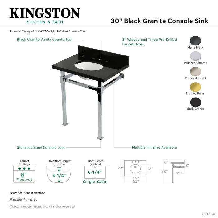 Kingston Sona KVPK30KOQ6 - Monarch 30-Inch Black Granite Console Sink with Stainless Steel Legs (8-Inch, 3-Hole), Black Granite/Polished Nickel