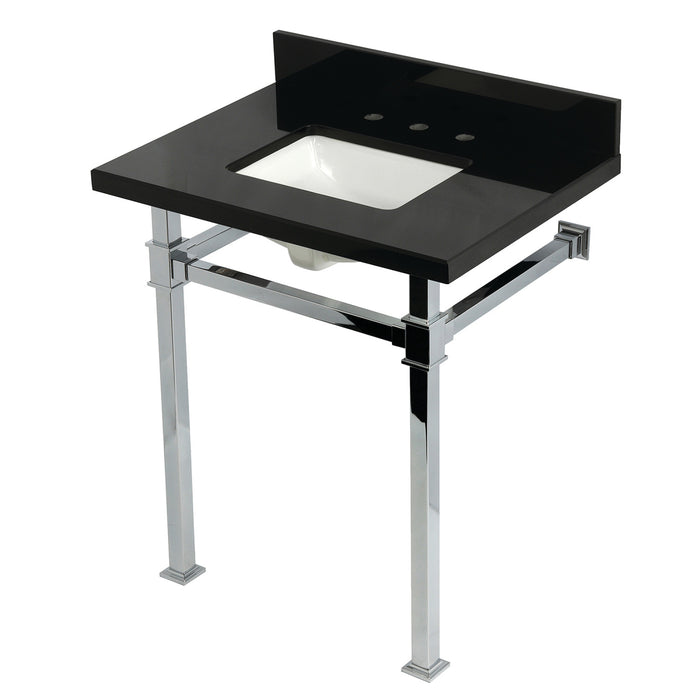 Kingston Sona KVPK30KSQ1 - Monarch 30-Inch Black Granite Console Sink with Stainless Steel Legs (8-Inch, 3-Hole), Black Granite/Polished Chrome