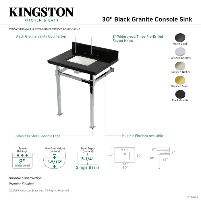 Kingston Sona KVPK30KSQ7 - Monarch 30-Inch Black Granite Console Sink with Stainless Steel Legs (8-Inch, 3-Hole), Black Granite/Brushed Brass