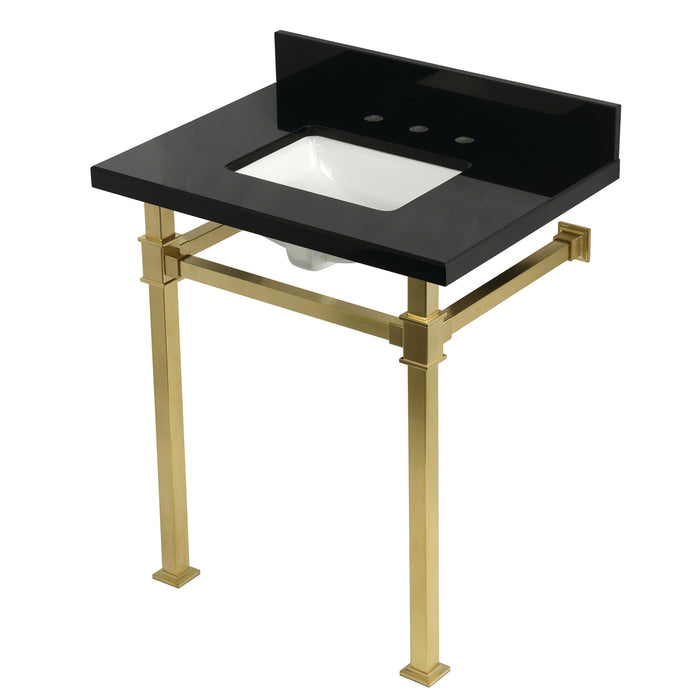 Kingston Sona KVPK30KSQ7 - Monarch 30-Inch Black Granite Console Sink with Stainless Steel Legs (8-Inch, 3-Hole), Black Granite/Brushed Brass