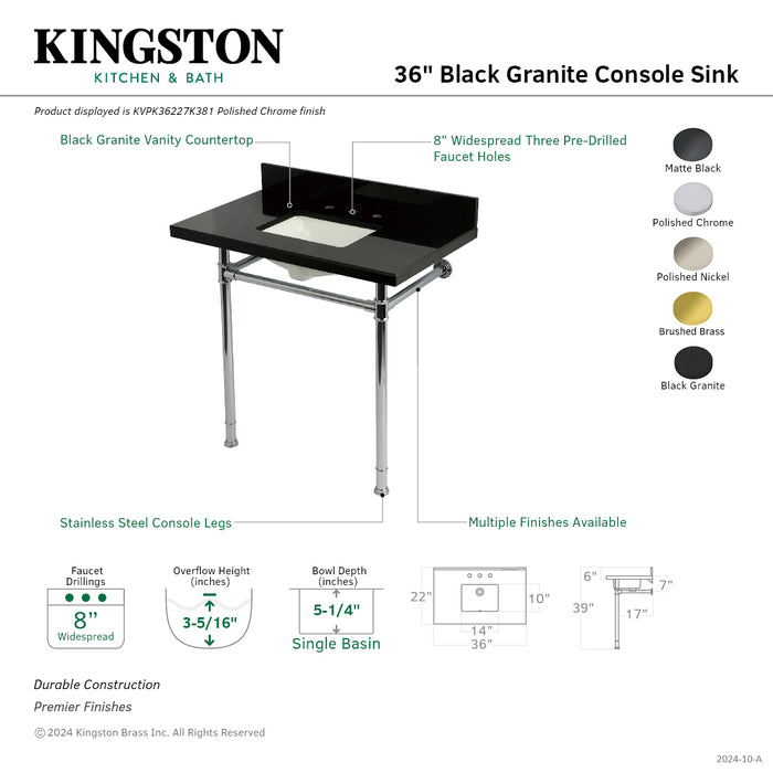 Kingston Tulare KVPK36227K380 - Imperial 36-Inch Black Granite Console Sink with Stainless Steel Legs (8-Inch, 3-Hole), Black Granite/Matte Black