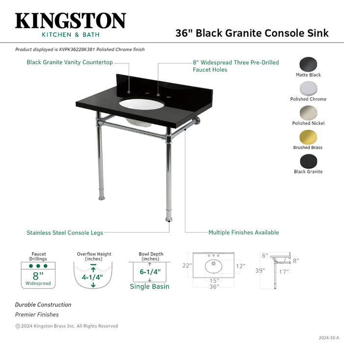 Kingston Tulare KVPK36228K380 - Imperial 36-Inch Black Granite Console Sink with Stainless Steel Legs (8-Inch, 3-Hole), Black Granite/Matte Black