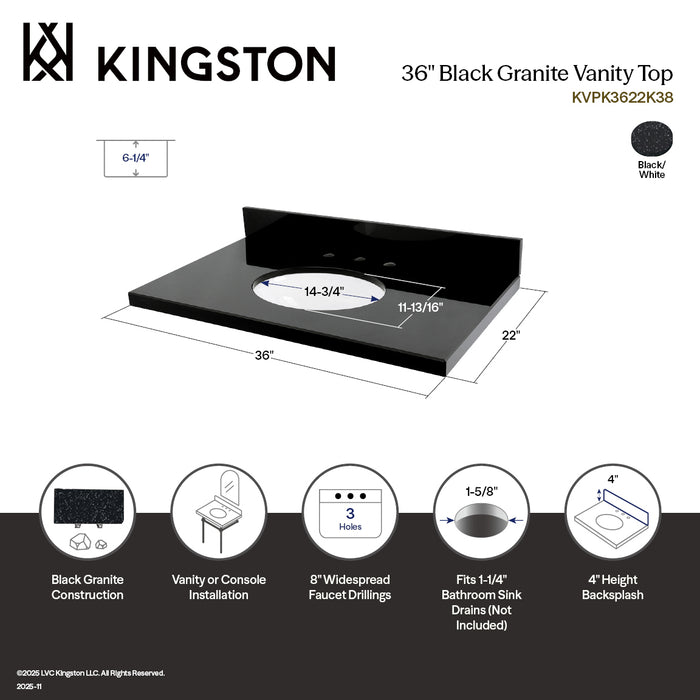 Templeton KVPK3622K38 36-Inch Black Granite Vanity Top (8" Faucet Drillings), Black/White