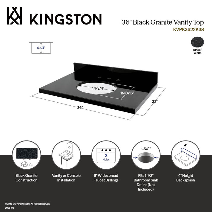 Kingston Tulare KVPK3622K38 - Templeton 36-Inch Black Granite Vanity Top (8" Faucet Drillings), Black/White