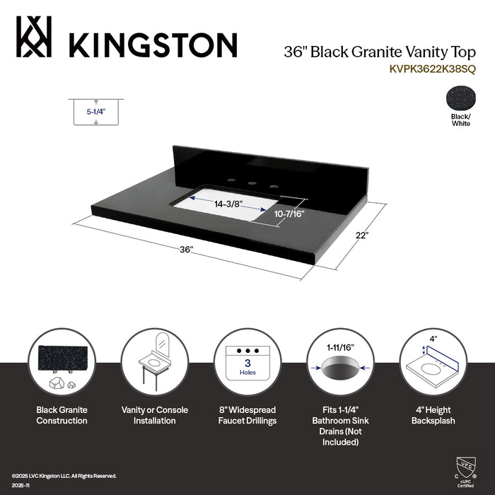 Templeton KVPK3622K38SQ 36-Inch Black Granite Vanity Top (8" Faucet Drillings), Black/White