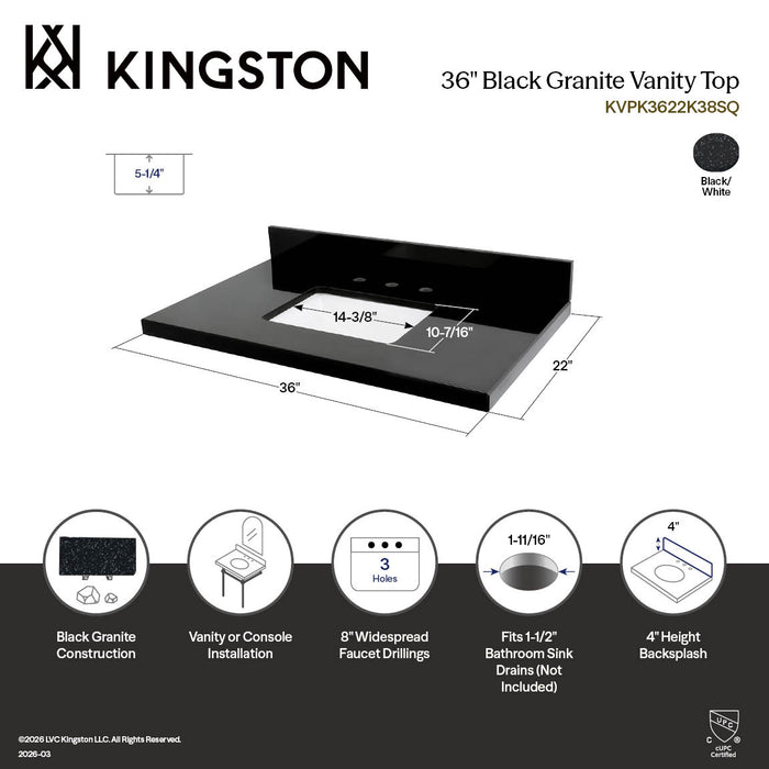 Kingston Tulare KVPK3622K38SQ - Templeton 36-Inch Black Granite Vanity Top (8" Faucet Drillings), Black/White