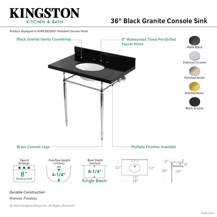Kingston Heirloom KVPK3622K80 - Edwardian 36-Inch Black Granite Console Sink with Brass Legs (8-Inch, 3-Hole), Black Granite/Matte Black