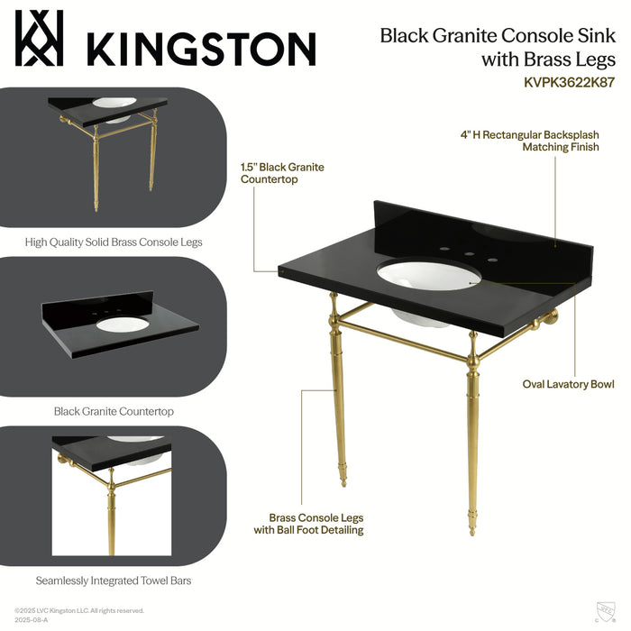 Kingston Heirloom KVPK3622K87 - Edwardian 36-Inch Black Granite Console Sink with Brass Legs (8-Inch, 3-Hole), Black Granite/Brushed Brass