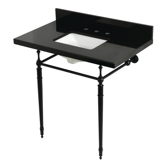 Kingston Heirloom KVPK3622K8SQ0 - Edwardian 36-Inch Black Granite Console Sink with Brass Legs (8-Inch, 3-Hole), Black Granite/Matte Black