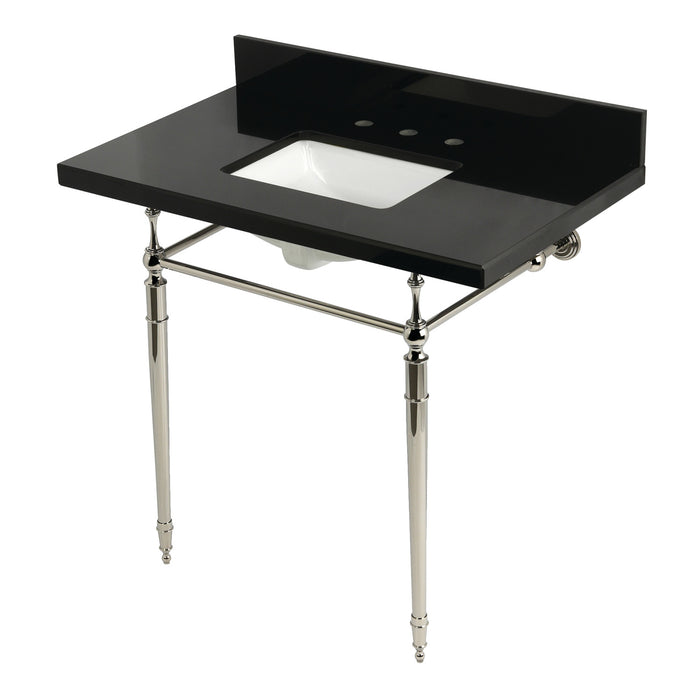 Kingston Heirloom KVPK3622K8SQ6 - Edwardian 36-Inch Black Granite Console Sink with Brass Legs (8-Inch, 3-Hole), Black Granite/Polished Nickel