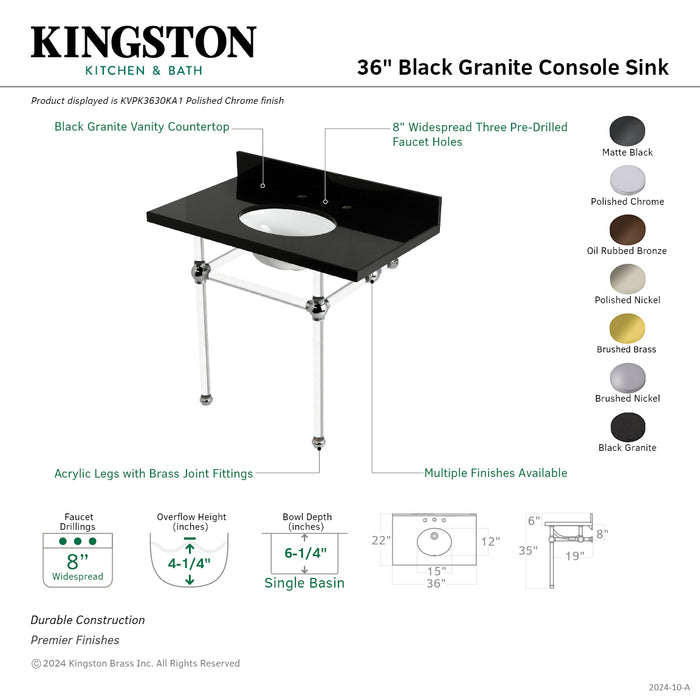 Kingston Tulare KVPK3630KA0 - Templeton 36-Inch Black Granite Console Sink with Acrylic Legs (8-Inch, 3-Hole), Black Granite/Matte Black