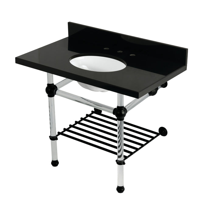 Kingston Tulare KVPK3630KAB0 - Templeton 36-Inch Black Granite Console Sink with Acrylic Legs and Shelf (8-Inch, 3-Hole), Black Granite/Matte Black