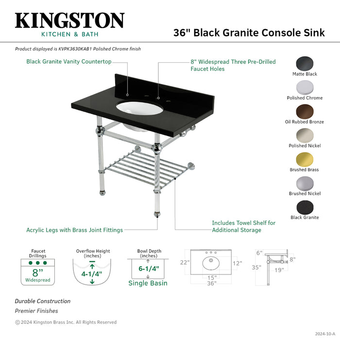 Kingston Tulare KVPK3630KAB7 - Templeton 36-Inch Black Granite Console Sink with Acrylic Legs and Shelf (8-Inch, 3-Hole), Black Granite/Brushed Brass