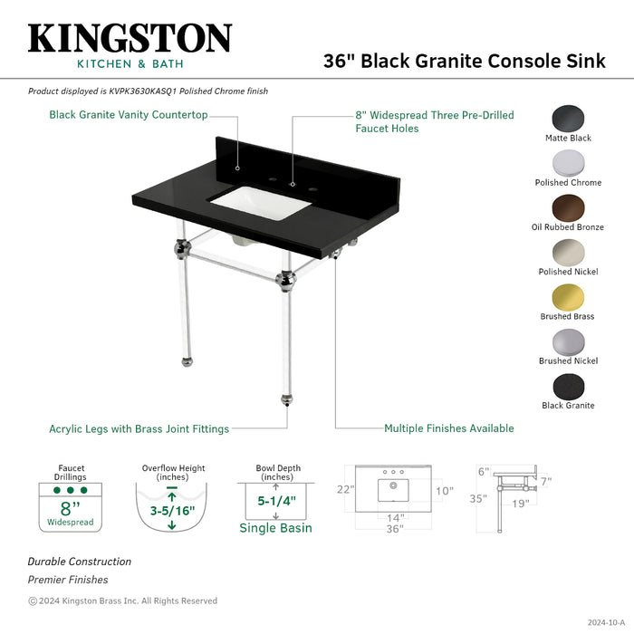 Kingston Tulare KVPK3630KASQ6 - Templeton 36-Inch Black Granite Console Sink with Acrylic Legs (8-Inch, 3-Hole), Black Granite/Polished Nickel