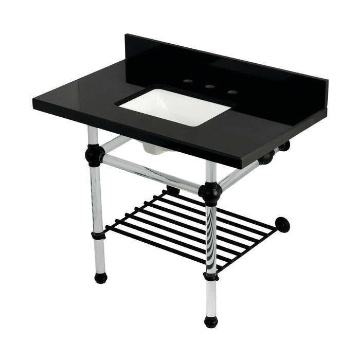 Kingston Tulare KVPK3630KASQB0 - Templeton 36-Inch Black Granite Console Sink with Acrylic Legs and Shelf (8-Inch, 3-Hole), Black Granite/Matte Black
