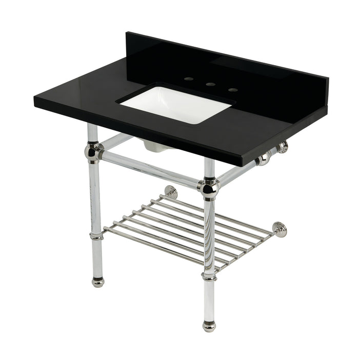 Kingston Tulare KVPK3630KASQB6 - Templeton 36-Inch Black Granite Console Sink with Acrylic Legs and Shelf (8-Inch, 3-Hole), Black Granite/Polished Nickel