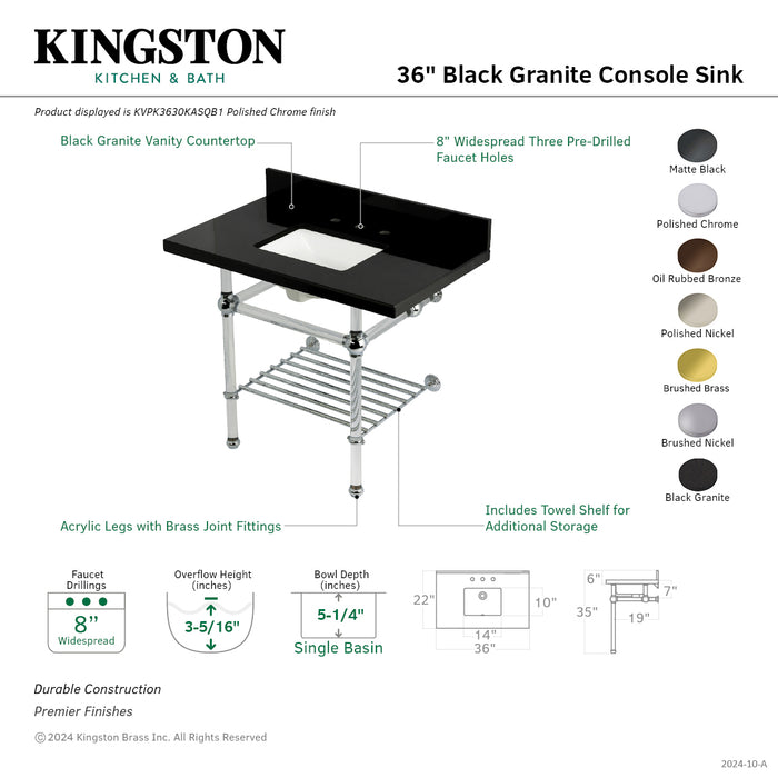 Kingston Tulare KVPK3630KASQB7 - Templeton 36-Inch Black Granite Console Sink with Acrylic Legs and Shelf (8-Inch, 3-Hole), Black Granite/Brushed Brass