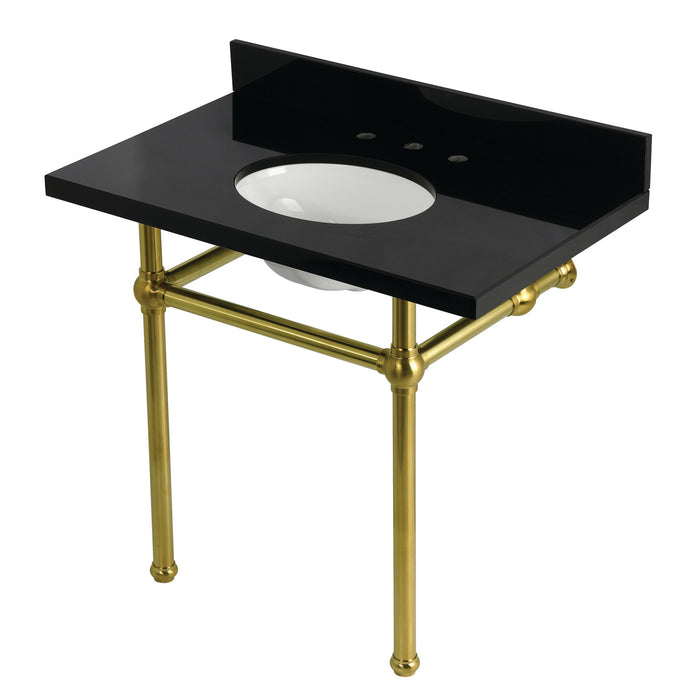 Kingston Heirloom KVPK3630KB7 - Templeton 36-Inch Black Granite Console Sink with Brass Legs (8-Inch, 3-Hole), Black Granite/Brushed Brass
