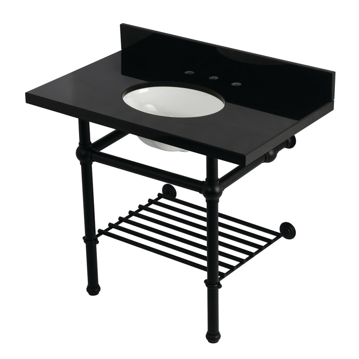Kingston Heirloom KVPK3630KBB0 - Templeton 36-Inch Black Granite Console Sink with Brass Legs and Shelf (8-Inch, 3-Hole), Black Granite/Matte Black