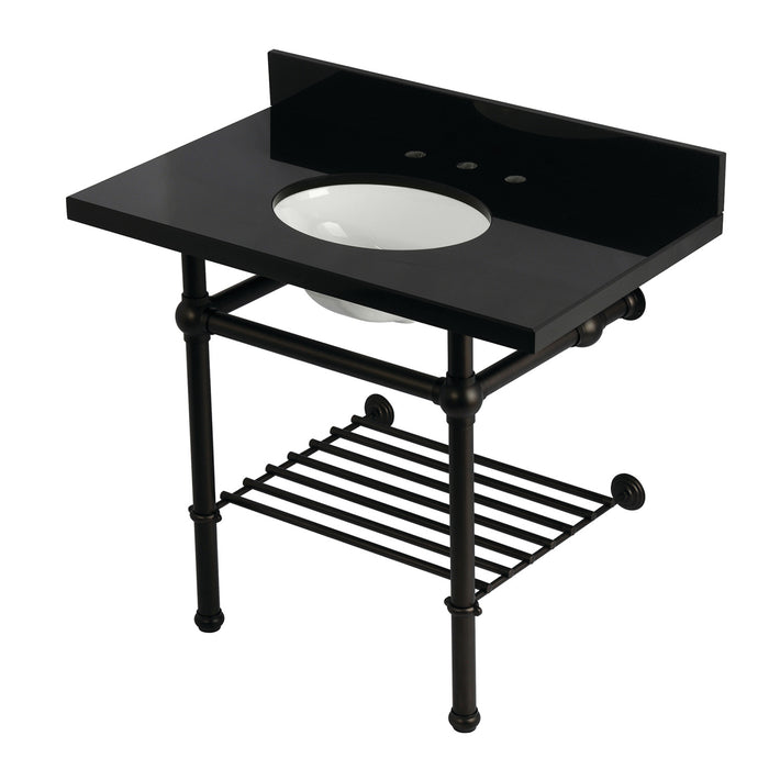 Kingston Heirloom KVPK3630KBB5 - Templeton 36-Inch Black Granite Console Sink with Brass Legs and Shelf (8-Inch, 3-Hole), Black Granite/Oil Rubbed Bronze