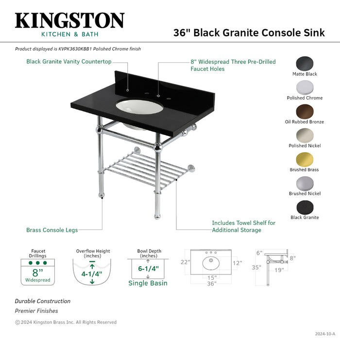 Kingston Heirloom KVPK3630KBB8 - Templeton 36-Inch Black Granite Console Sink with Brass Legs and Shelf (8-Inch, 3-Hole), Black Granite/Brushed Nickel