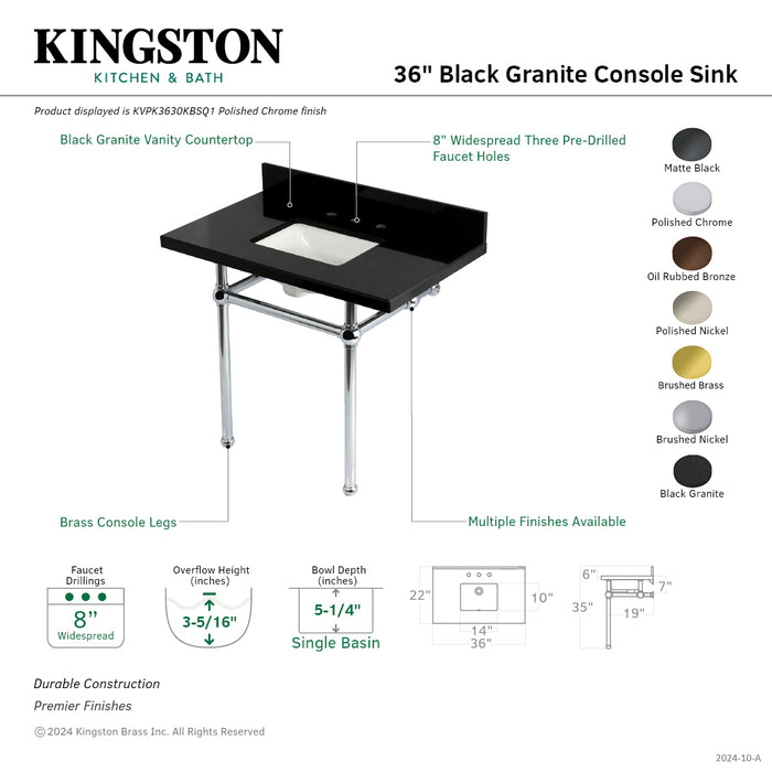 Kingston Heirloom KVPK3630KBSQ6 - Templeton 36-Inch Black Granite Console Sink with Brass Legs (8-Inch, 3-Hole), Black Granite/Polished Nickel
