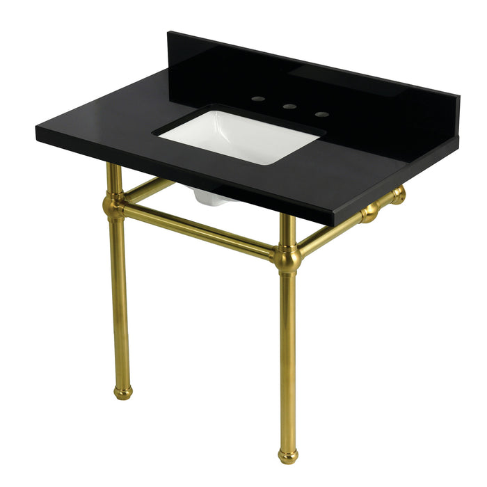 Kingston Heirloom KVPK3630KBSQ7 - Templeton 36-Inch Black Granite Console Sink with Brass Legs (8-Inch, 3-Hole), Black Granite/Brushed Brass
