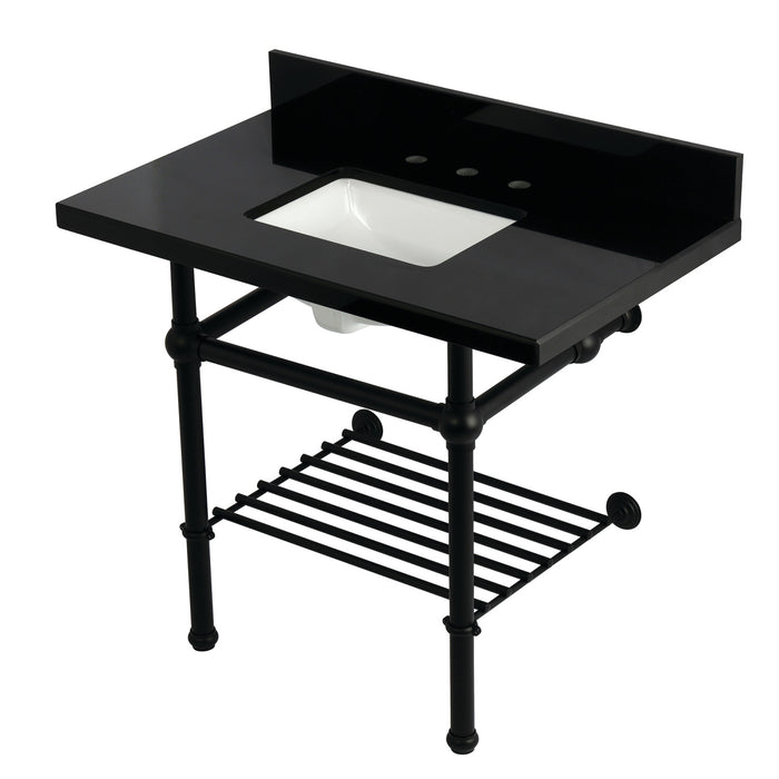 Kingston Heirloom KVPK3630KBSQB0 - Templeton 36-Inch Black Granite Console Sink with Brass Legs and Shelf (8-Inch, 3-Hole), Black Granite/Matte Black