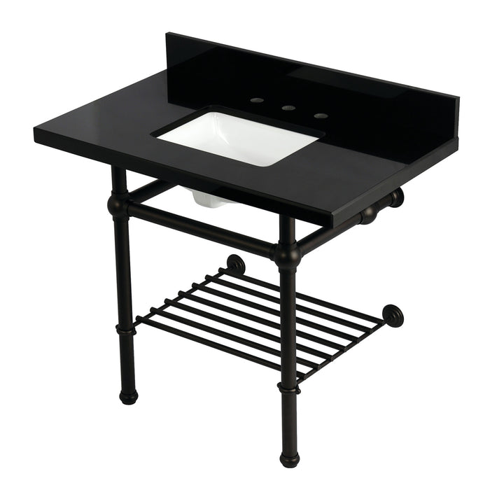 Kingston Heirloom KVPK3630KBSQB5 - Templeton 36-Inch Black Granite Console Sink with Brass Legs and Shelf (8-Inch, 3-Hole), Black Granite/Oil Rubbed Bronze