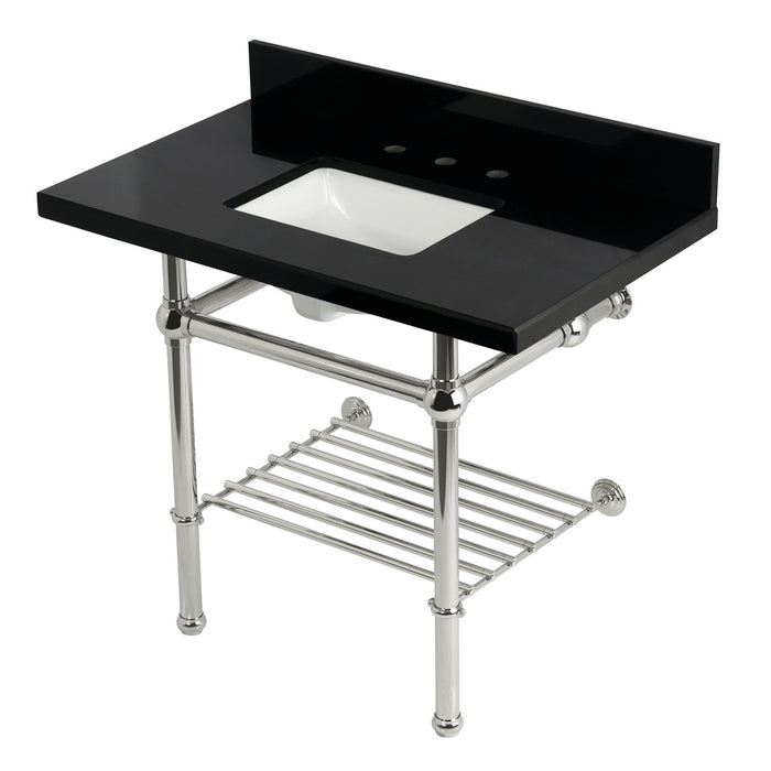 Kingston Heirloom KVPK3630KBSQB6 - Templeton 36-Inch Black Granite Console Sink with Brass Legs and Shelf (8-Inch, 3-Hole), Black Granite/Polished Nickel