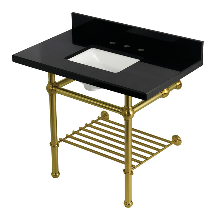 Kingston Heirloom KVPK3630KBSQB7 - Templeton 36-Inch Black Granite Console Sink with Brass Legs and Shelf (8-Inch, 3-Hole), Black Granite/Brushed Brass