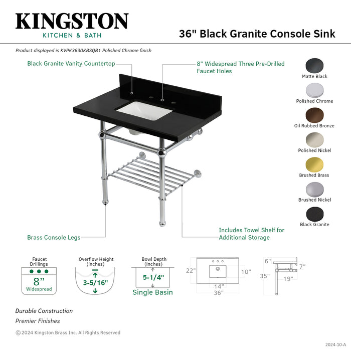 Kingston Heirloom KVPK3630KBSQB8 - Templeton 36-Inch Black Granite Console Sink with Brass Legs and Shelf (8-Inch, 3-Hole), Black Granite/Brushed Nickel