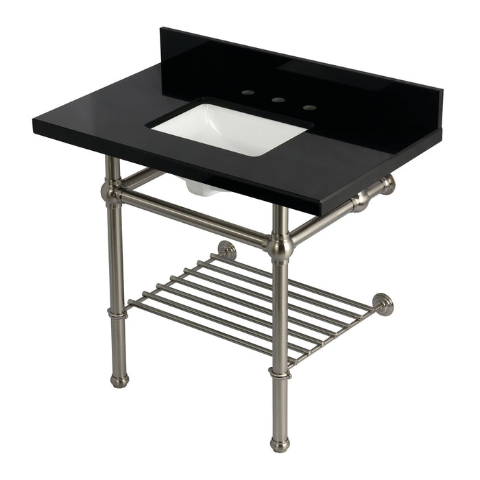 Kingston Heirloom KVPK3630KBSQB8 - Templeton 36-Inch Black Granite Console Sink with Brass Legs and Shelf (8-Inch, 3-Hole), Black Granite/Brushed Nickel